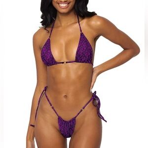 Velvet Leopard Print 2 Piece String Bikini Swimsuit Women’s Size XS Purple Sexy